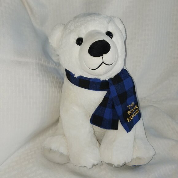 Polar Express Teddy Bear White Plush Blue Plaid Scarf 13" with Bonus Disk 1 DVD - Picture 2 of 6